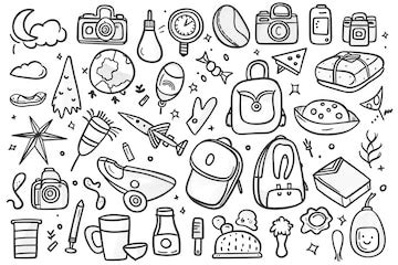Doodle set of objects from a childs life black and white outline ...