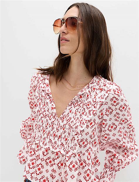 Buy Cotton Rich Tie Neck Puff Sleeve Blouse at Marks & Spencer