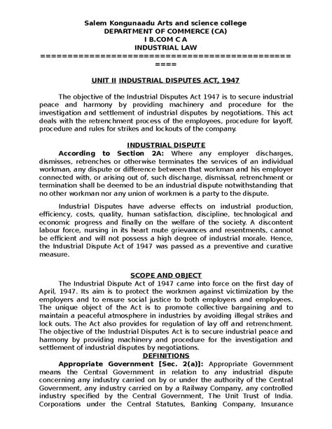 B.COM (CA) Industrial Law: Unit II - Industrial Disputes Act, 1947 ...