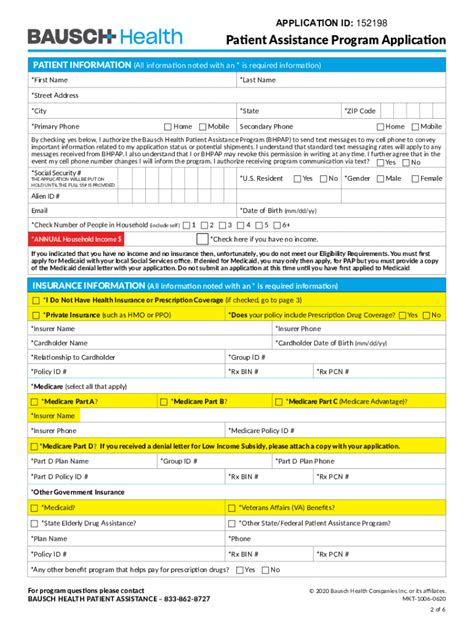 Bausch Health Patient Assistance Program Application - Blank Fillable ...