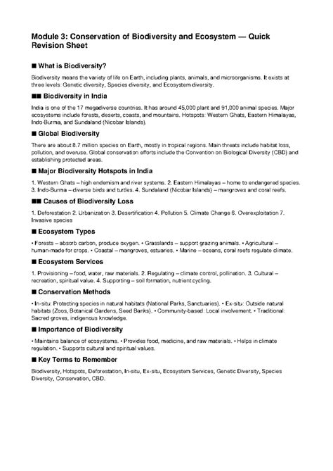 Module 3: Quick Revision on Biodiversity & Ecosystem Conservation - Studocu