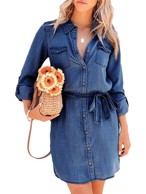 Blotona Women Juniors Casual Denim Shirt Dress Long Sleeve Slim Fit ...