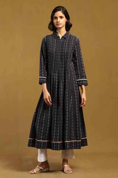 Buy Blue Cotton Yarn Dyed Collared Nirvi Kurta For Women by Ritu Kumar ...
