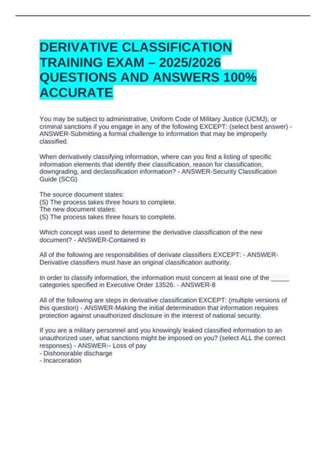 DERIVATIVE CLASSIFICATION TRAINING EXAM – 2025/2026 QUESTIONS AND ...