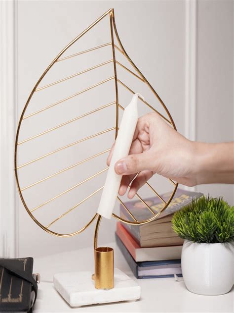 | Leaf Design Metal Candle Holder with Marble Base Home Decor Accent