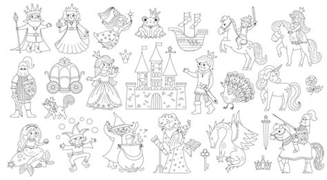 Bajkowa kolekcja czarno-białych postaci i obiektów Duży zestaw ...