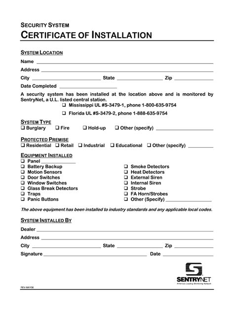 2006-2026 Form Sentry Net Security System Certificate of Installation ...