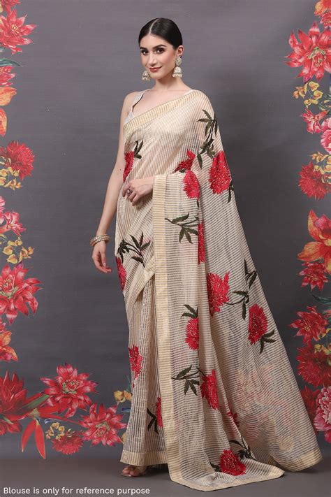Buy Rohit Bal Off White Silk Blend Embroidered Saree Online at Biba India