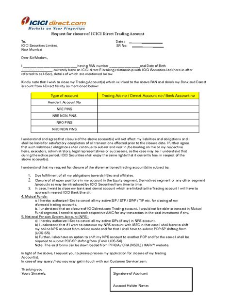Trading Account Closure Form - Request for closure of ICICI Direct ...