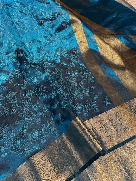 Metallic Electric Blue Tissue Silk Chikankari Work Banarasi Saree ...