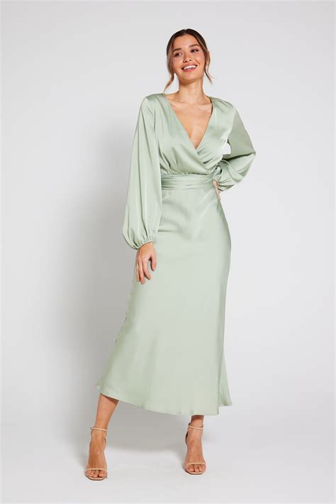 Pippa Long Sleeve Satin Maxi Dress - Sage Green - 16 | Satin maxi dress ...