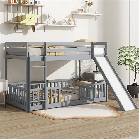 Ophelia & Co. Twin Over Twin Floor Bunk Bed With Slide And Ladder | Wayfair