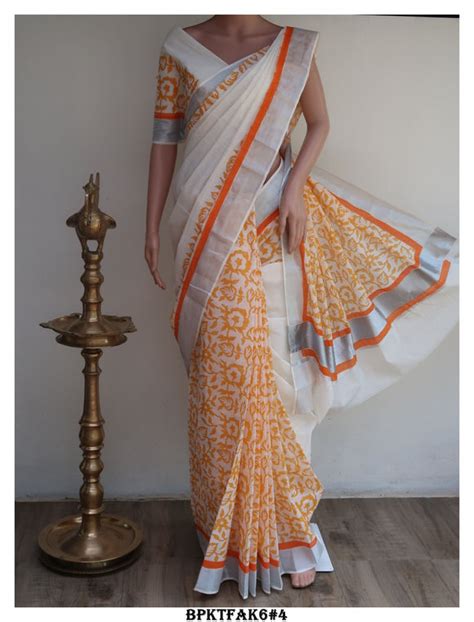 ANAGHA, ELEGANT HAND BLOCK PRINTED KERALA COTTON SAREE WITH GOLD ZARI ...