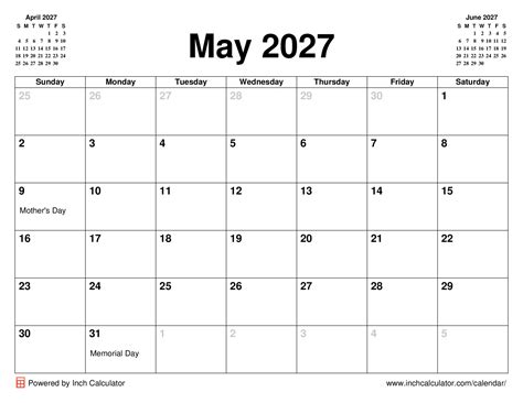 May 2027 Calendar - Inch Calculator
