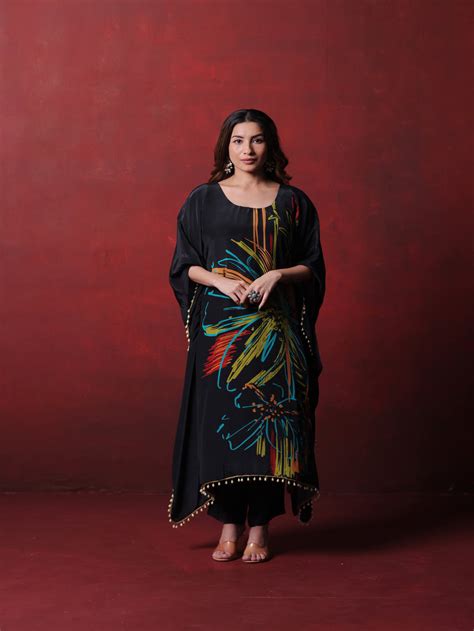 Black Floral Print Kaftan With Palazzo – Navvi.in