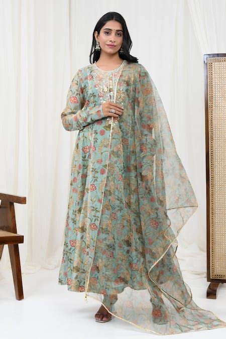 Buy Green Chanderi, Organza, Cotton Embroidery, Gota Patti Round Neck ...