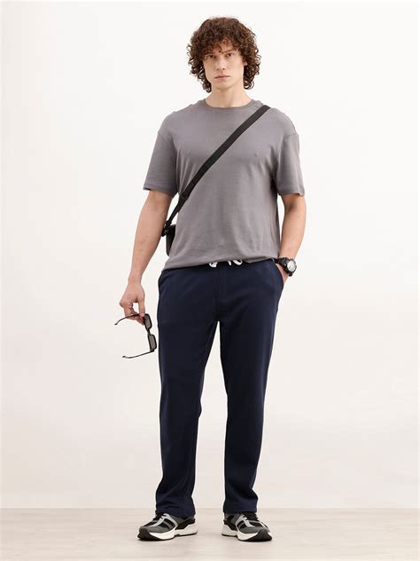 Solid Regular Fit Knitted Jogger | Navy Blue – Wrogn