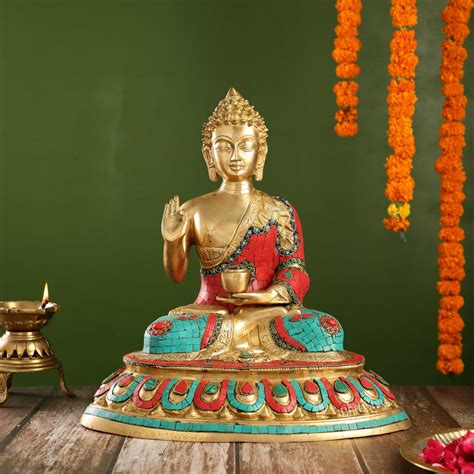 Buy Meenakari Stonework Brass Buddha in Abhaya Mudra Idol | 16" Height ...