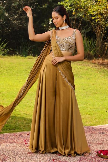 Buy Green Chiffon, Satin Tassels, Karishma Border Draped Sharara Saree ...