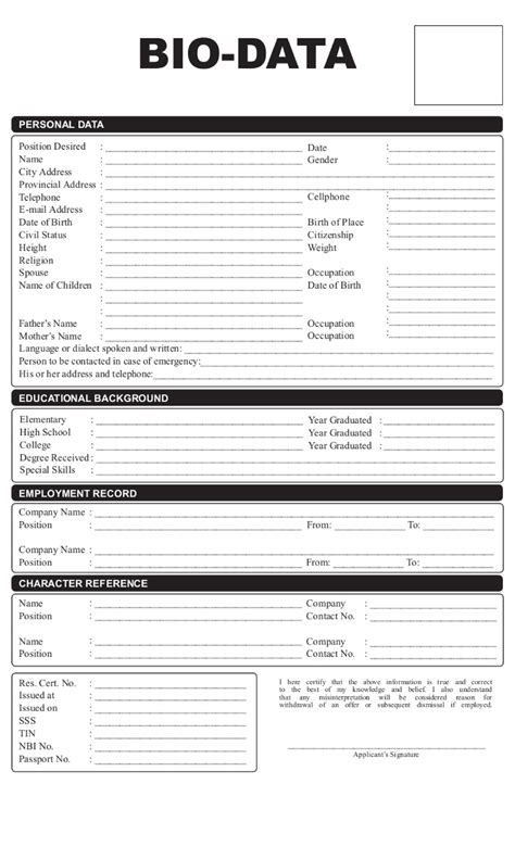 Image result for Bio Data Form Printable