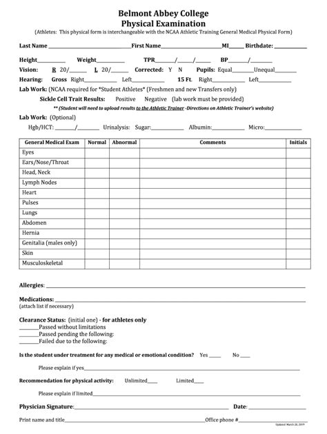 2019-2026 Form Belmont Abbey College Physical Examination - Blank ...