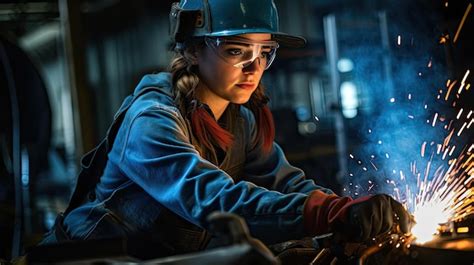 A woman wearing safety goggles and safety glasses working on metal ...