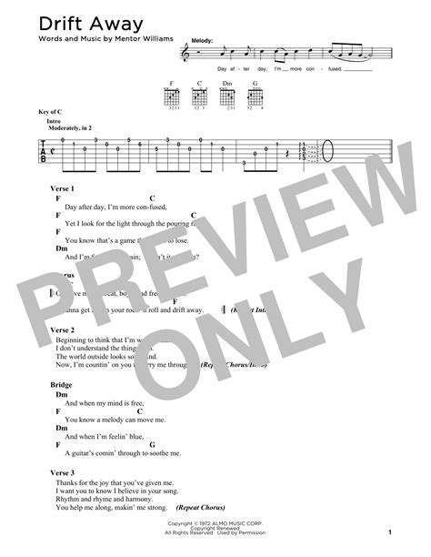 Drift Away by Dobie Gray - Guitar Cheat Sheet - Guitar Instructor