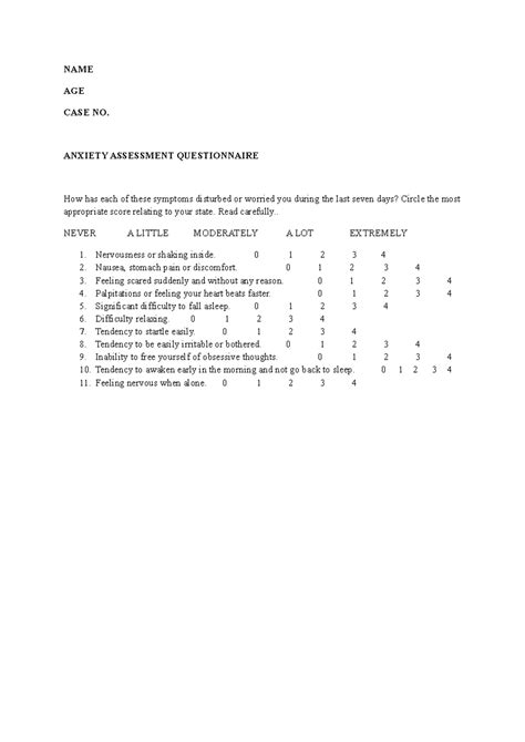 Anxiety Assessment - NAME AGE CASE NO. ANXIETY ASSESSMENT QUESTIONNAIRE ...