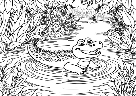 Crocodile in a river with dragonflies - Crocodile Coloring Pages