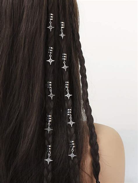 10pcs Vintage Silver Star Dreadlock Hoop Hair Charm, Women Holiday ...