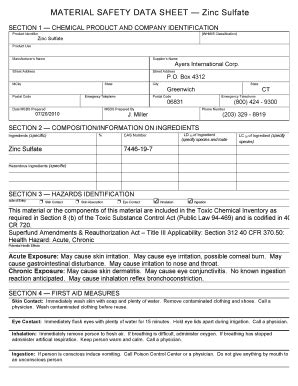 Fillable Online MSDS Zinc Sulfate - Ayers International Fax Email Print ...