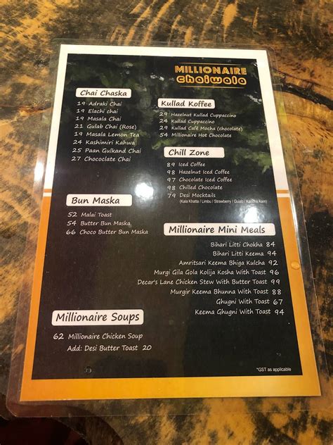 Menu at Millionaire Chaiwala, Kolkata