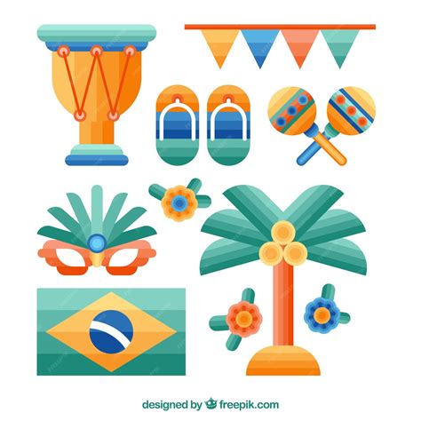 Flache brasilianische Karnevalselement-Sammlung | Kostenlose Vektor