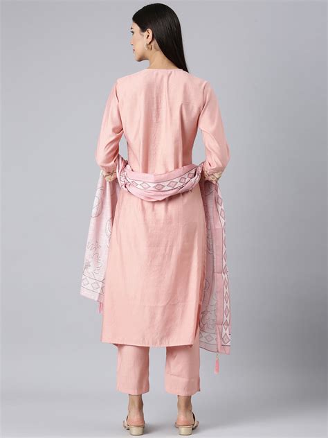 Neerus Peach Solid Straight Kurta and Trousers With Dupatta – Neerus India
