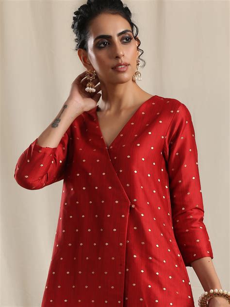 Red Silk Angrakha Kurta Pant Set