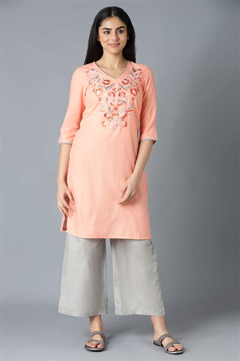Buy Orange Embroidered kurta Inn V-Neck With Grey Straight Palazzo ...