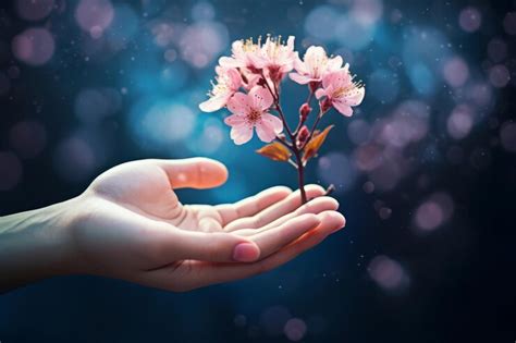 Harmony unveiled a hand gracefully touching a flower on a blooming tree ...