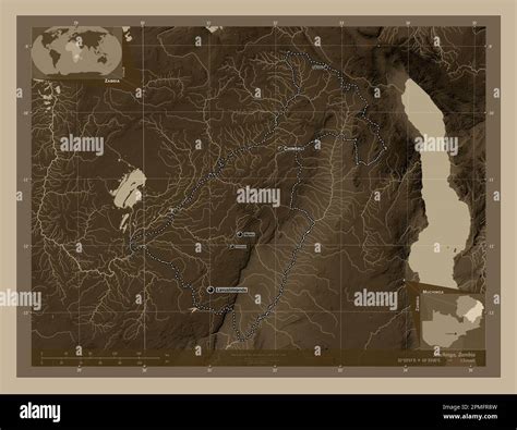 Muchinga, province of Zambia. Elevation map colored in sepia tones with lakes and rivers ...