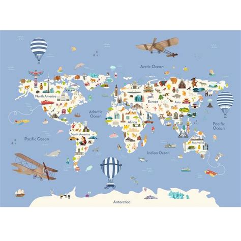 Kids World Map with Monuments, Wallpaper for Kids Bedroom, Blue ...