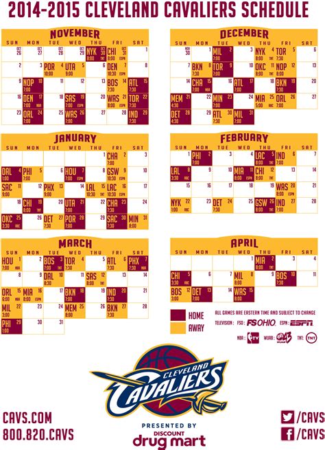 Cleveland Cavaliers Printable Schedule