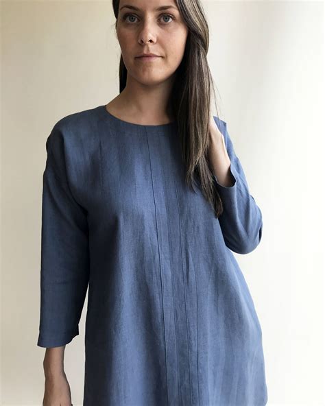 Blue Linen Tunic Dress with Long Sleeves Size M