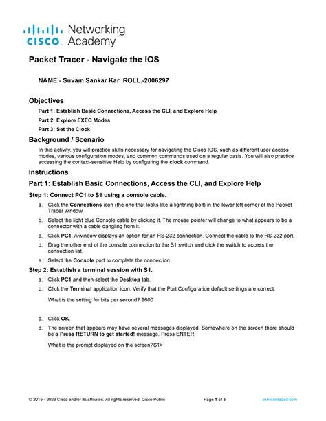 2.3.7 Packet Tracer - Navigate the IOS Suvam Sankar Kar 2006 297 - NAME ...