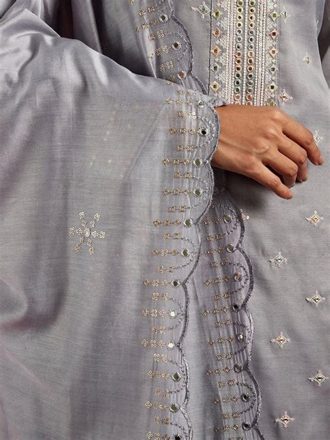 Buy Libas Art Grey Embroidered Silk Blend Straight Suit With Dupatta ...