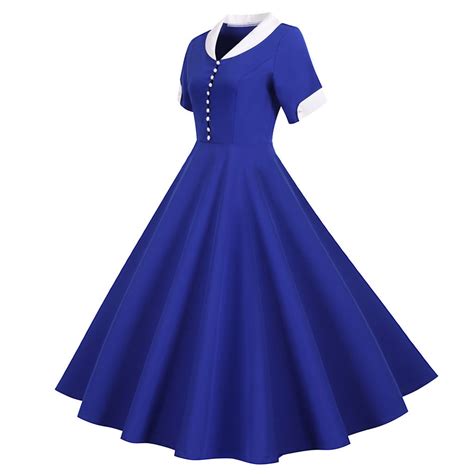 Blue Dresses Women's 1950s Retro Dress Short Sleeve Vintage Swing Dress ...