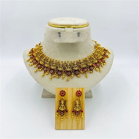 Antique Gold-Plated Temple Lakshmi Necklace Set with Earrings ...