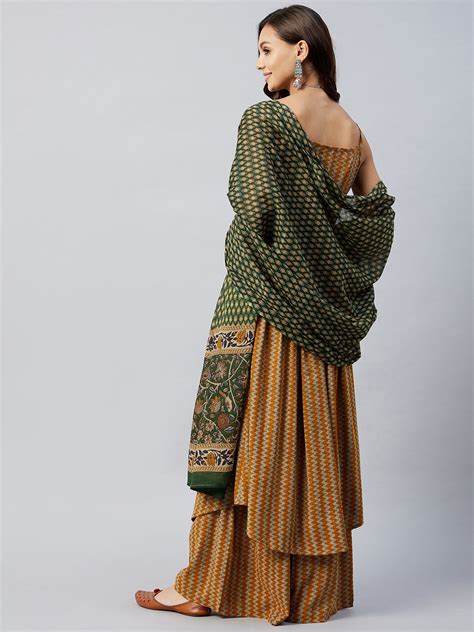 Mustard Zig Zag Strappy Set Mustard Green Floral Print Dupatta