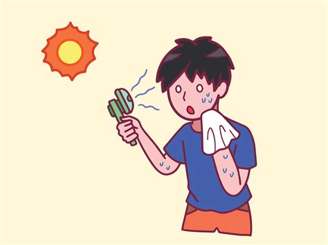 Teen boy with blue shirt feeling hot and sweating outside with burning ...
