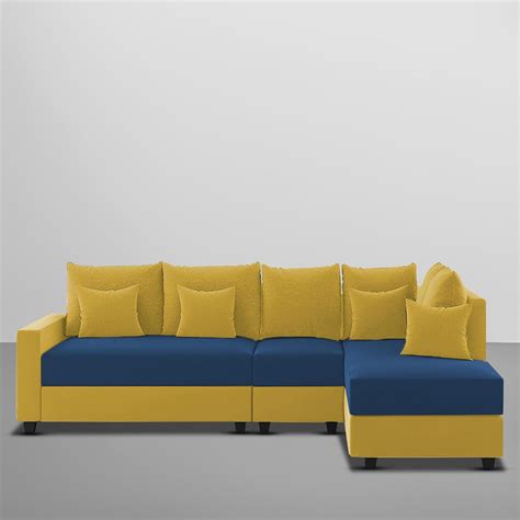 Inclair RHS 6 Seater L Shape Sofa Set for Living Room (Blue Yellow Fab