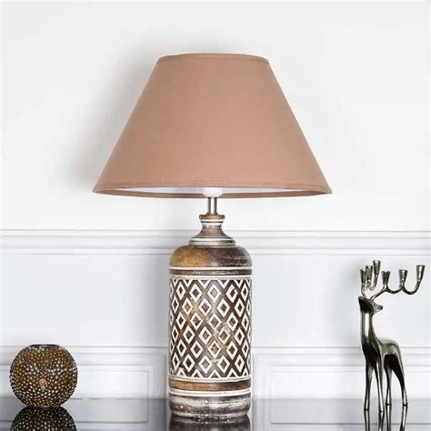 ELVIS natural carved wood table lamp With Beige Cotton Shade – KAPOOR-E ...