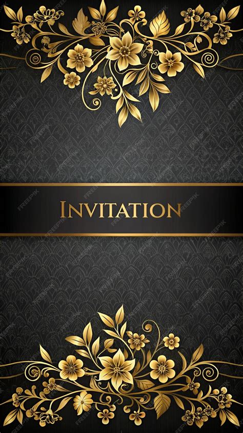 A black and gold invitation with a gold ribbon and a black background ...